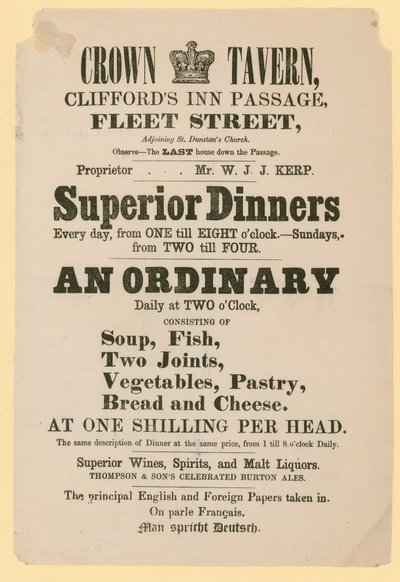 Annonse for Crown Tavern, Cliffords Inn Passage, Fleet Street, London av English School