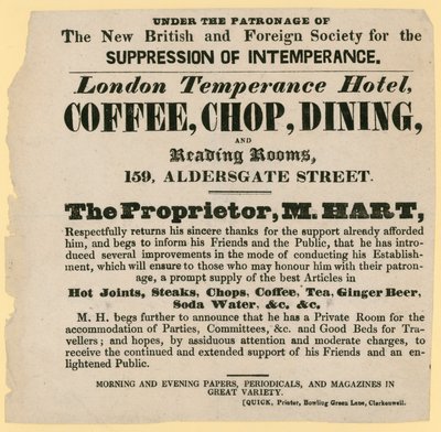 Annonse for London Temperance Hotel, under beskyttelse av New British and Foreign Society for the Suppression of Inmperance av English School