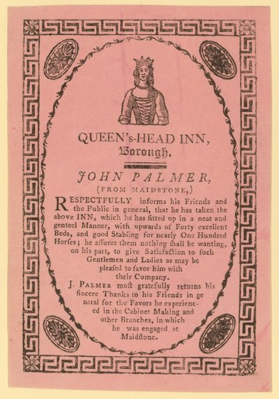 Annonse for Queens Head Inn, Borough, London av English School
