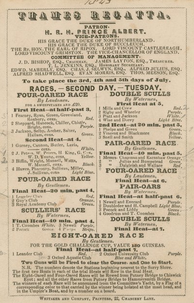 Annonse for Thames Regatta, 1843 av English School