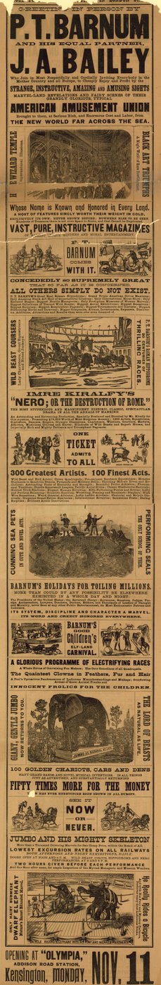 Annonsere for utseendet til P T Barnum og JA Baileys show på Olympia av English School