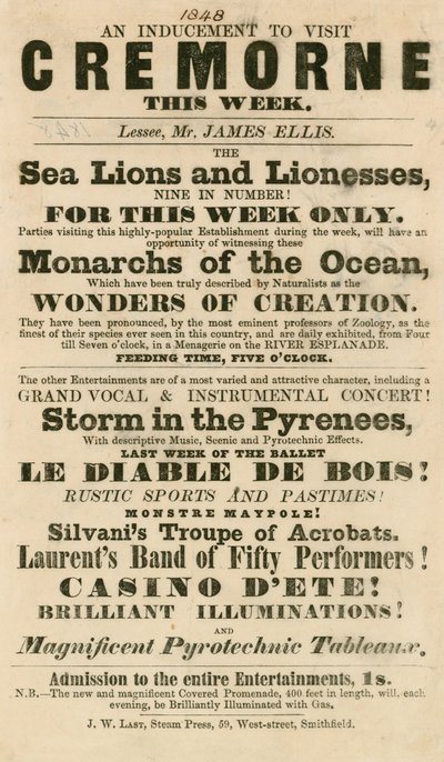 Annonse for utseendet til sjøløver og løvinner i Cremorne Gardens, London i 1848 av English School