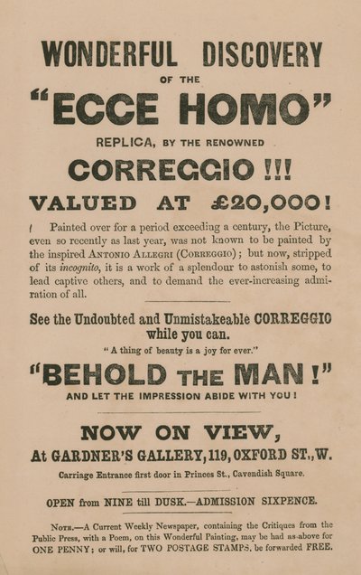 Annonse for utstillingen av en kopi av maleriet Ecce Homo av Correggio (Antonio Allegri) av English School