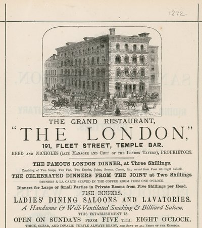 Annonse for den store restauranten The London, 191 Fleet Street, Temple Bar av English School