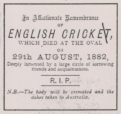 Annonse fra Sporting Times i august 1882 som introduserte konseptet The Ashes av English School