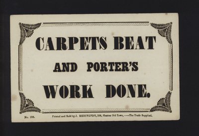 Annonse: Tepper beat og porters arbeid utført (type) av English School