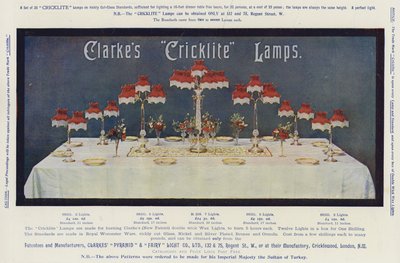 Annonse, Clarkes "Cricklite"-lamper (chromolitho) av English School
