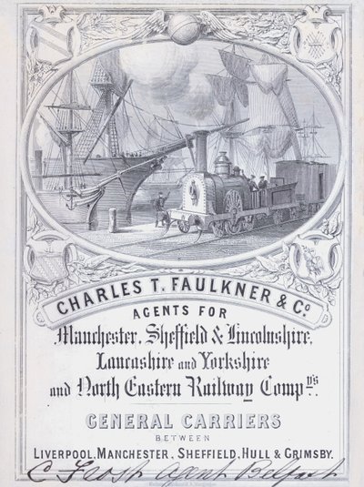 Annonse for Charles T Faulkner and Company, agenter for jernbaneselskaper (litho) av English School
