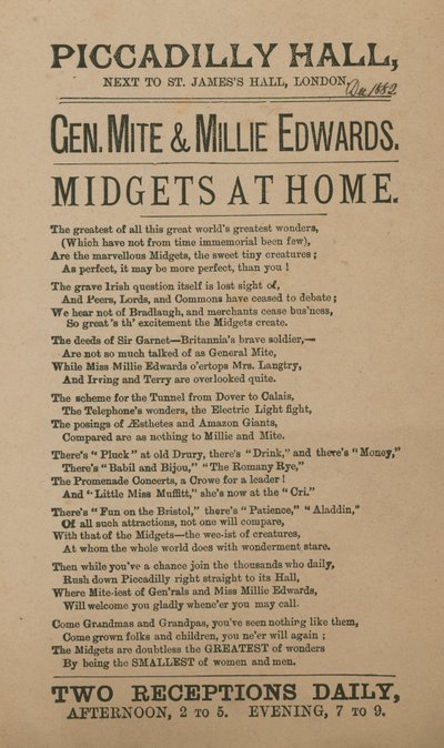 Annonse for General Mite og Millie Edwards av English School