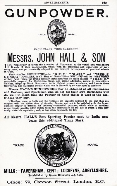 Annonse for Gunpowder av Mrs. John Hall & Son (litho) av English School