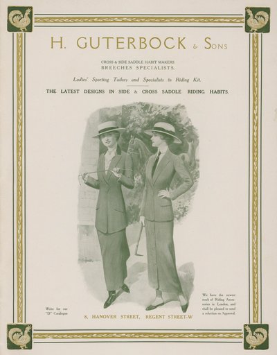 Annonse for H Guterbock & Sons, sportsskredere for damer og spesialister på ridesett (farge litho) av English School