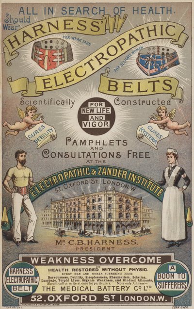 Reklame for Harness#39; elektropatiske belter (chromolitho) av English School