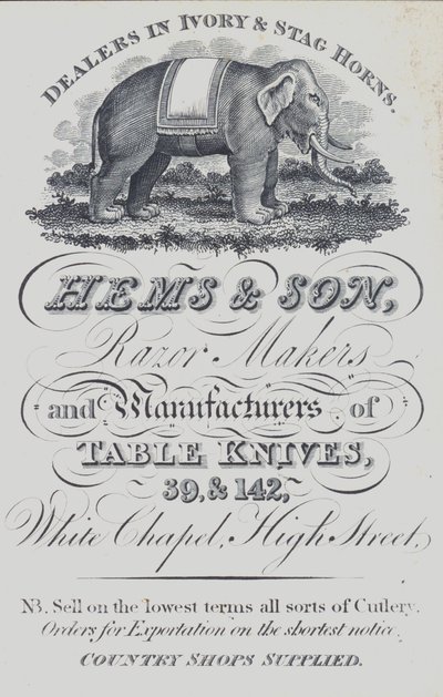 Annonse for Hems & Son, forhandlere av elfenben og hjortehorn, barberhøvelprodusenter og produsenter av bordkniver, London (litho) av English School