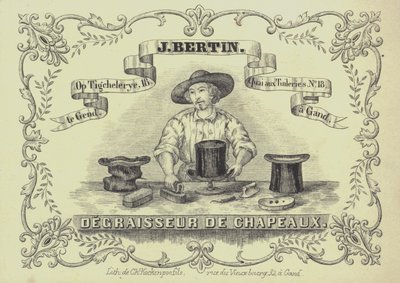 Annonse for J Bertin, hattevasker, Gent, Belgia (litho) av English School