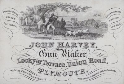 Annonse for John Harvey, våpenprodusent, Plymouth, Devon av English School