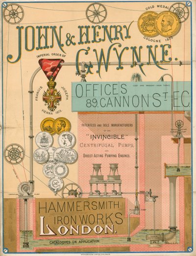 Annonse for John og Henry Gwynne, 89 Cannon Street, London, produsent av Invincible sentrifugalpumpe av English School