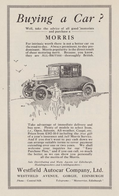Annonse for Morris-biler, 1926 av English School