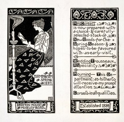 Annonse for fru Corbett ved Drayton House, Birmingham, 1897 av English School