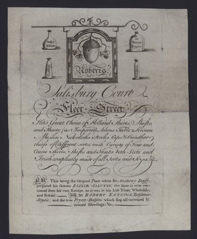 Annonse for Roberts, tøyhandlere, Salisbury Court, Fleet Street, London, hvor Dr Anthony Daffy forberedte sin Elixir Salutis (gravering) av English School