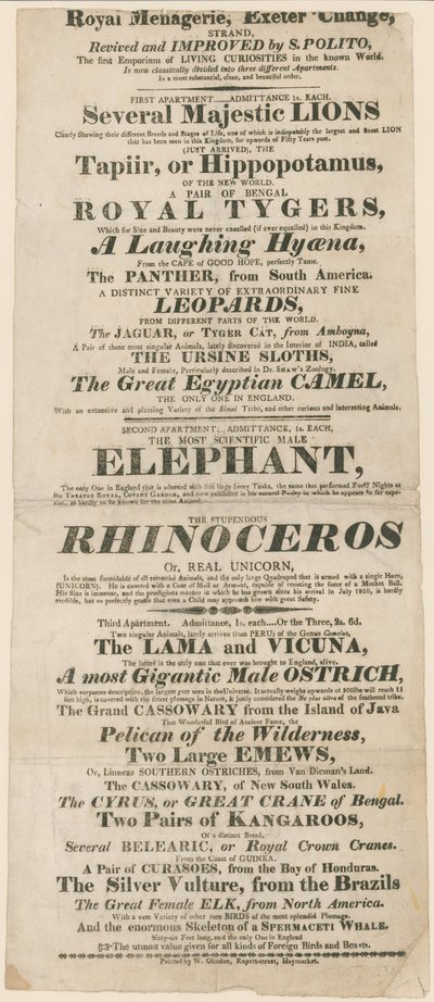 Annonse for Royal Menagerie, Exeter Change av English School