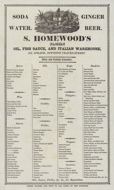 Annonse for S Homewoods olje, fiskesaus og italiensk lager av English School