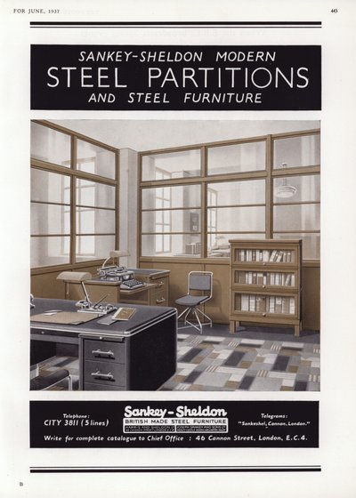 Annonse for Sankey-Sheldon stålskillevegger, 1937 av English School
