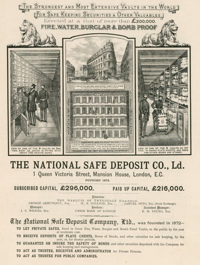 Annonse for The National Safe Deposit Company, 1 Queen Victoria Street, Mansion House, London av English School