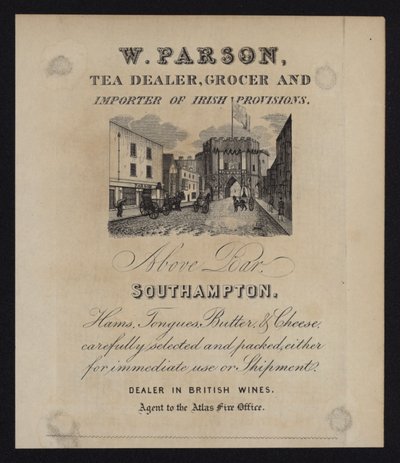 Annonse for W Parson, teforhandler, kjøpmann og importør av irske proviant, Southampton, Hampshire av English School