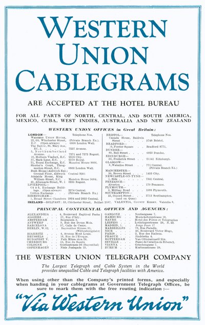 Annonse for Western Union Cablegrams (farge litho) av English School