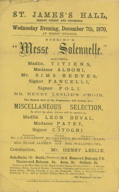Annonse for en produksjon av Rossinis Messe Solennelle av English School