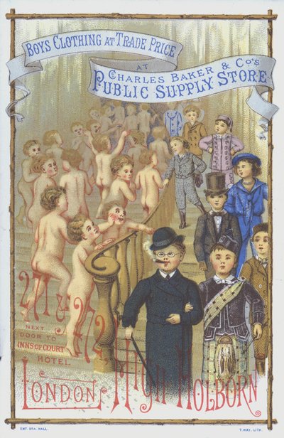 Reklame for gutteklær fra Charles Baker amp; Co#39;s Public Supply Store, High Holborn, London (chromolitho) av English School