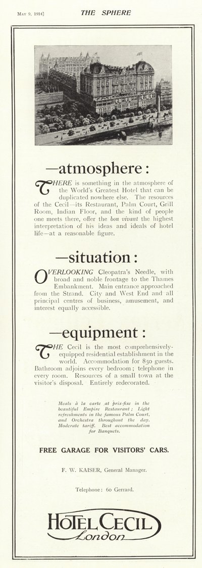 Annonse for Hotel Cecil, London av English School