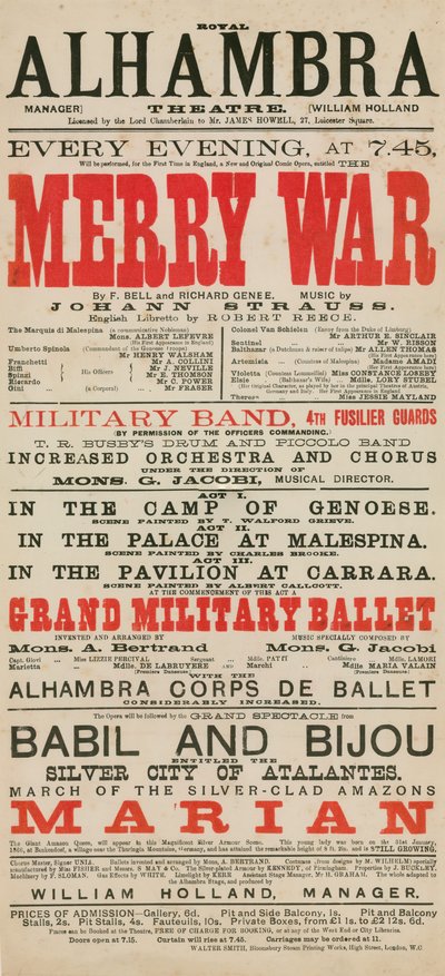Reklame for Royal Alhambra Theatre, med Merry War av F Bell og Richard Genee med musikk av Johann Strauss av English School
