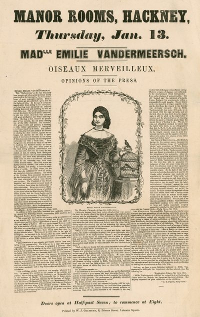 Annonse for utseendet til Mademoiselle Emile Vandermeersch, Oiseaux Merveilleux på Manor Rooms, Hackney, London av English School