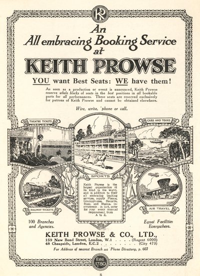 Annonse for billettbestillingstjenestene til Keith Prowse & Co, Ltd (litho) av English School