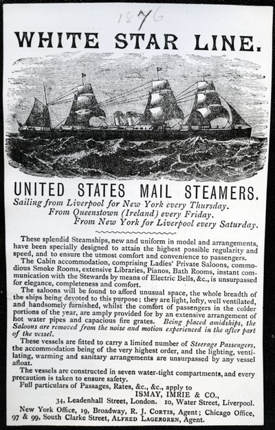 Annonse for White Star Line, 1876 (trykt papir) av English School