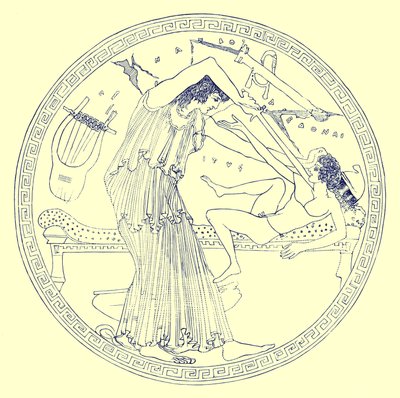 Aedon slays Itys, illustrasjon fra "Greek Vase Paintings" av J. E. Harrison og D. S. MacColl, utgitt 1894 av English School