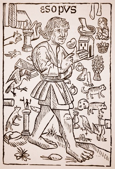 Aesop, frontispice til Aesops Fables av William Caxton (ca. 1422-91), 1434 (sepia-bilde) av English School