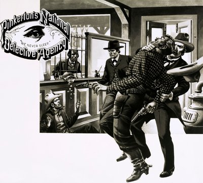 Agenter fra Pinkerton Detective Agency arresterer bankranere (gouache på papir) av English School