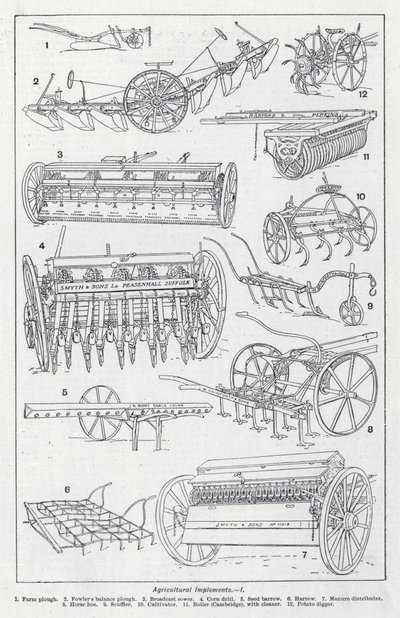 Landbruksredskaper (litho) av English School