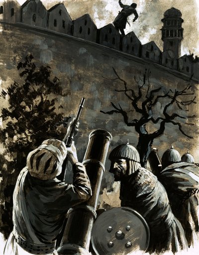 Akbar, kongen av Hindustan, ba om en muskett og siktet og drepte Jaimal, sjefen for fortet (gouache på papir) av English School