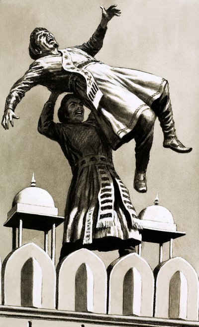 Akbar, kongen av Hindustan, kastet morderen Adham Khan fra toppen av palasset (gouache på papir) av English School