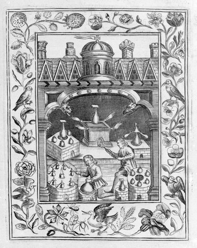 Alkymisk laboratorium som viser ulike former for ovn og kar, hentet fra Theatrum Chemicum Britannicum av Elias Ashmole, 1652 av English School