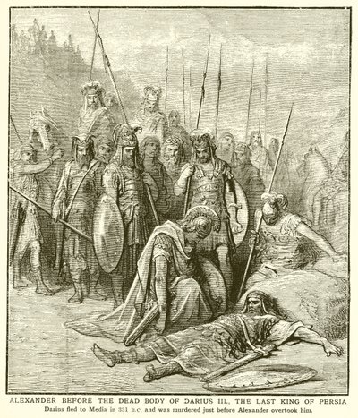 Alexander før den døde kroppen til Darius III, den siste kongen av Persia av English School
