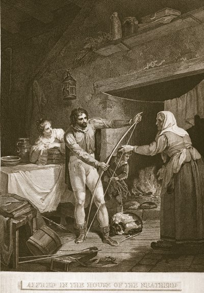 Alfred in the House of the Neatherd, illustrasjon fra David Humes The History of England, pub. av R. Bowyer, London, 1812 av English School