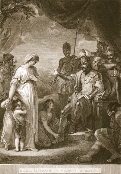 Alfred frigjør familien til Hastings, illustrasjon fra David Humes The History of England, pub. av R. Bowyer, London, 1812 av English School