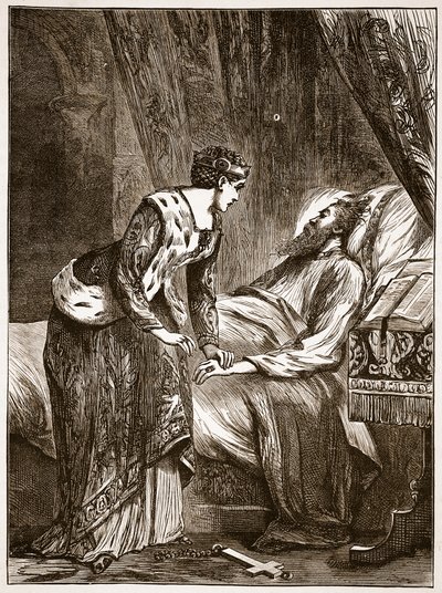 Alice Perrers ved dødsleiet til Edward III, illustrasjon fra Cassells Illustrated History of England (sepiafoto) av English School