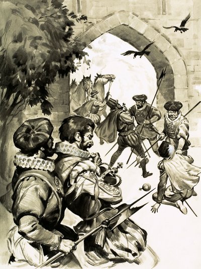 Alle Captain Bloods forseggjorte planer om å stjele Englands krone ble til ingenting (gouache på papiret) av English School