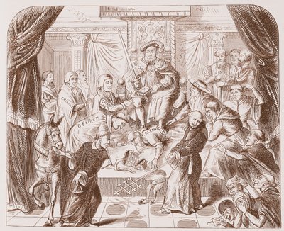 Allegorisk bilde av Henry VIII som tråkker på pave Clement, fra et gammelt trykk i British Museum av English School