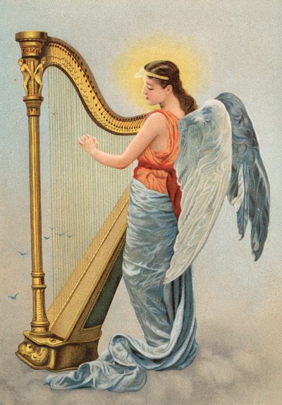 Allegorisk bilde av musikk, med en engel som spiller harpe (gravering) av English School